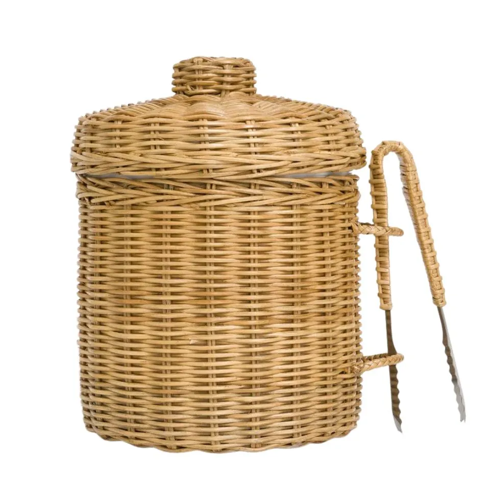 Round Rattan Ice Bucket With Tongs Handicraft
