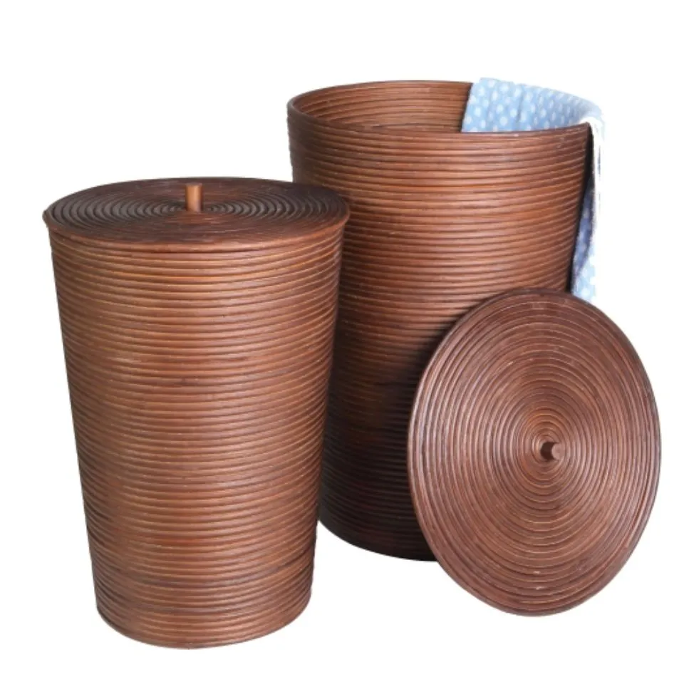 Round Rattan Laundry Hamper With Lid Handicraft