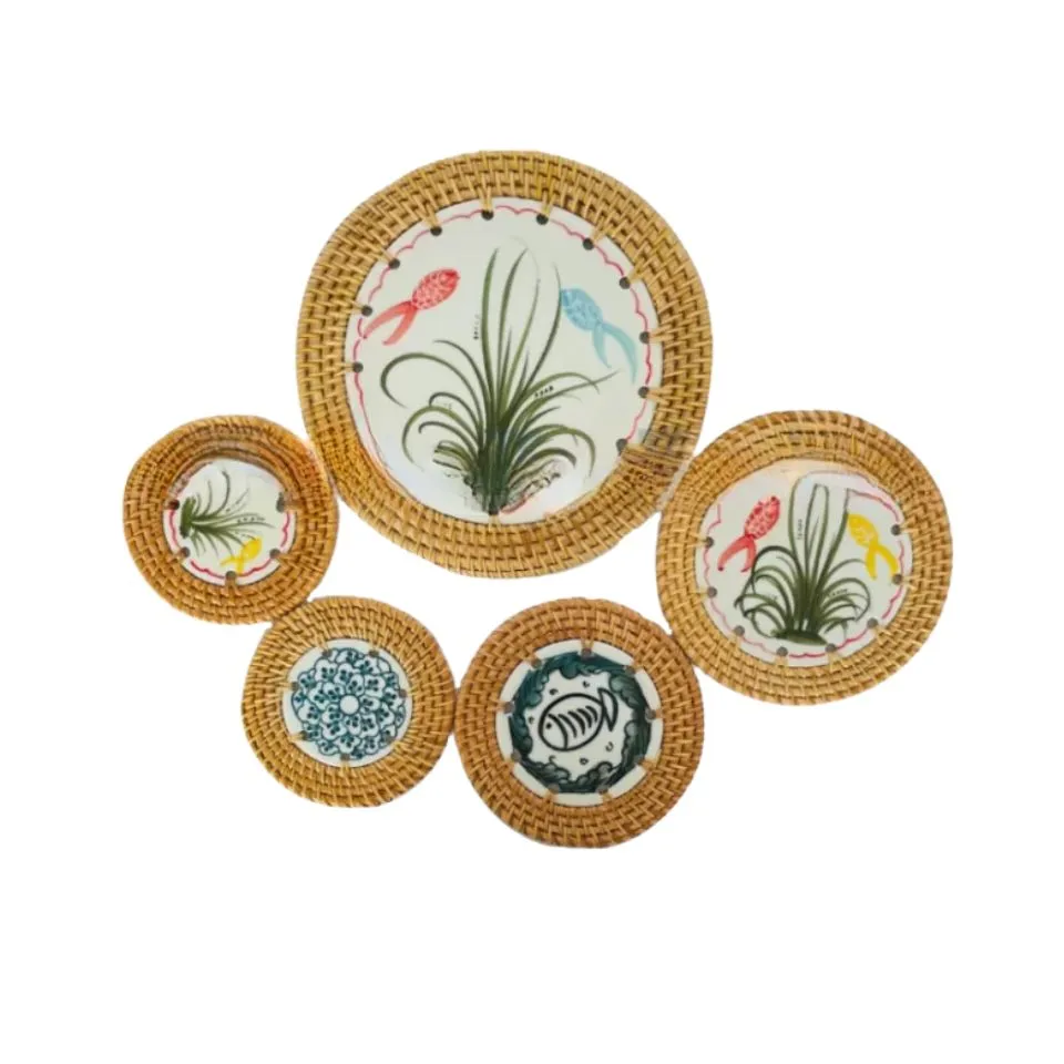Round Rattan Mother Of Pearl Coasters OEM