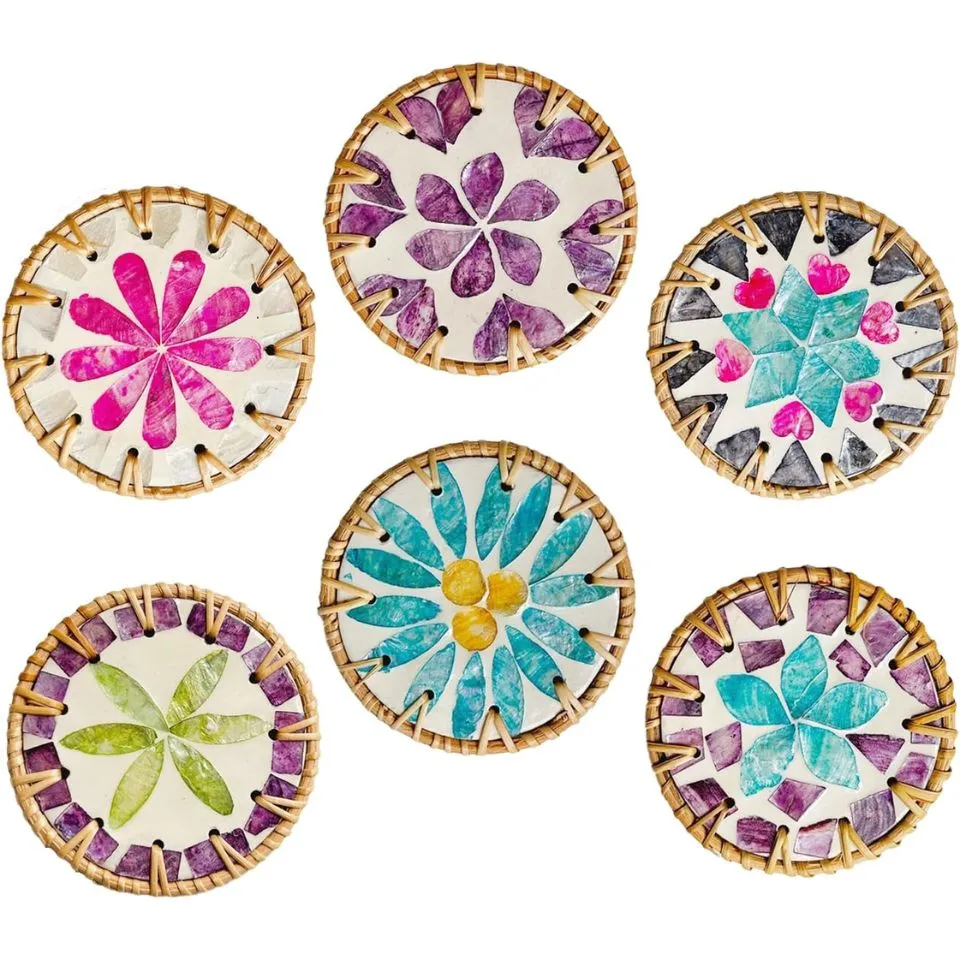 Round Rattan Mother Of Pearl Coasters Private Label