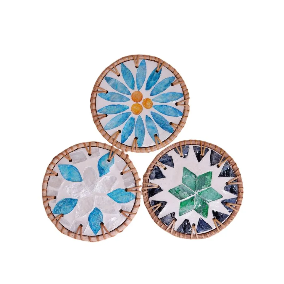 Round Rattan Mother Of Pearl Coasters Hight Quality