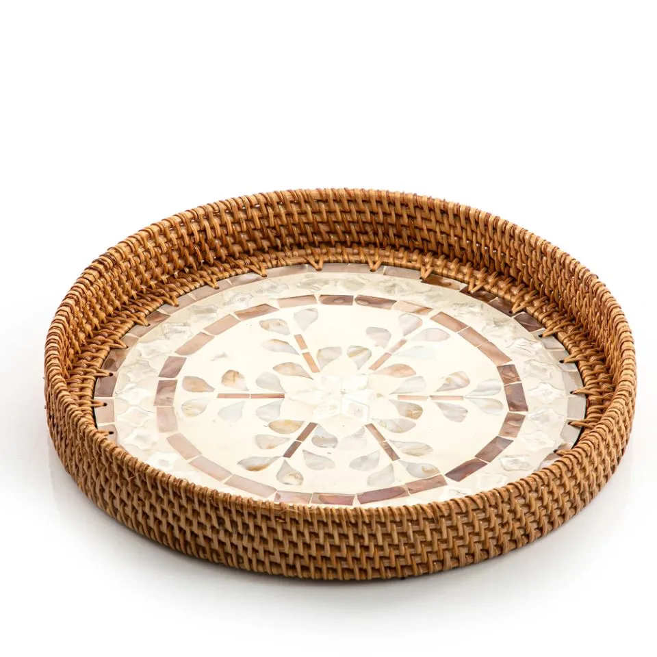 Round Rattan Serving Tray With Mother Of Pearl Short Lead Time
