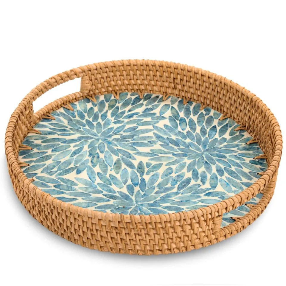 Round Rattan Serving Tray With Mother Of Pearl OEM