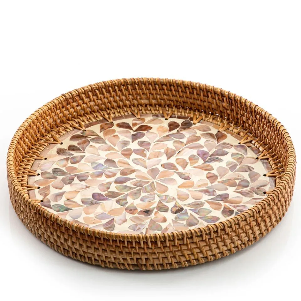 Round Rattan Serving Tray With Mother Of Pearl Low Moq