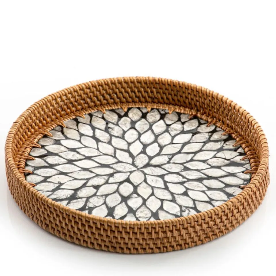 Round Rattan Serving Tray With Mother Of Pearl Manufacturer