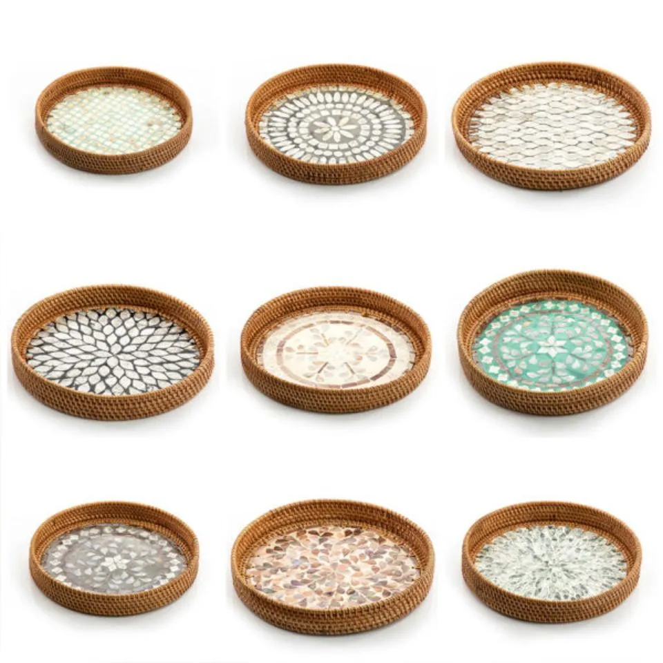 Round Rattan Serving Tray With Mother Of Pearl Handicraft
