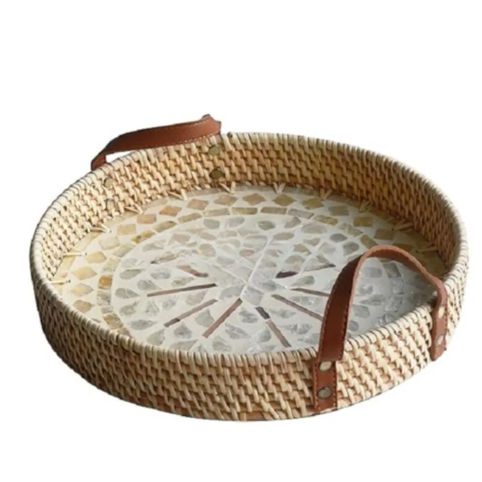 Round Rattan Tray with Mother of Pearl Inlay and Handles Low Moq