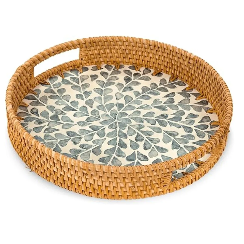 Round Rattan Tray with Mother of Pearl Inlay and Handles Short Lead Time