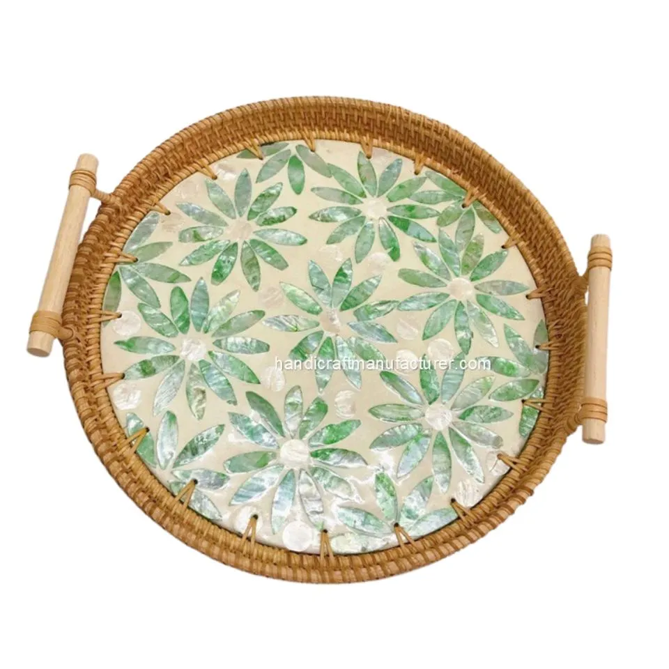 Round Rattan Tray with Mother of Pearl Inlay and Handles Vietnam