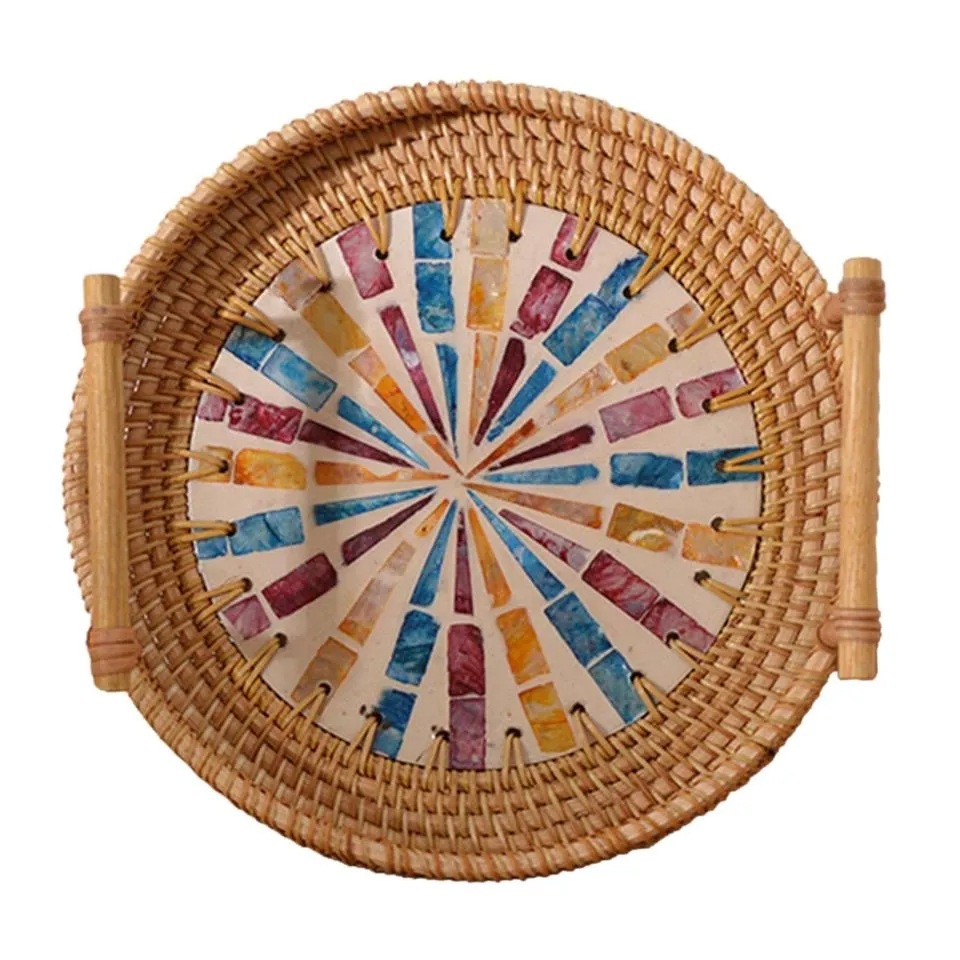 Round Rattan Tray with Mother of Pearl Inlay and Handles Manufacturer