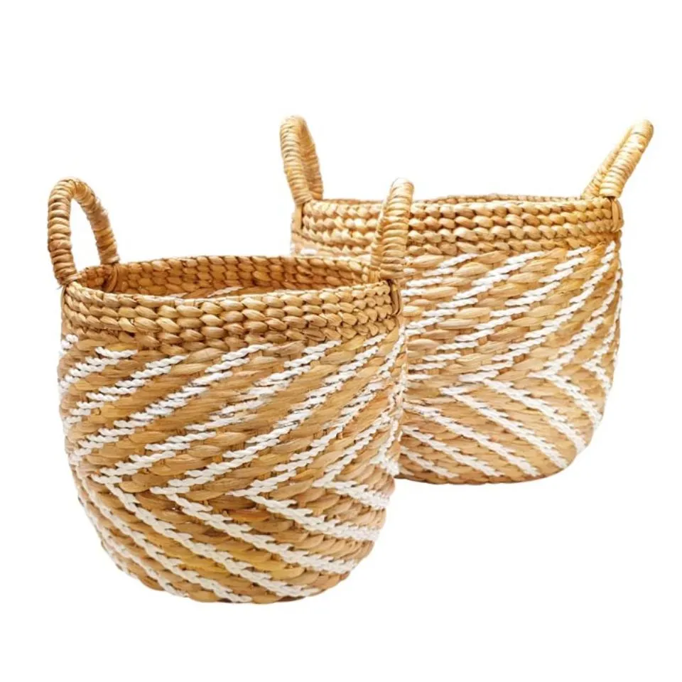 Round Water Hyacinth Storage Basket with Handles Handicraft