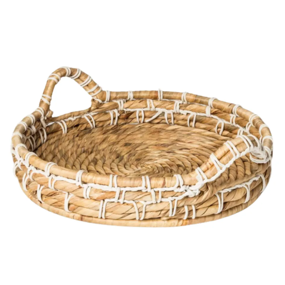 Round Water Hyacinth Serving Tray With Handle Vietnam