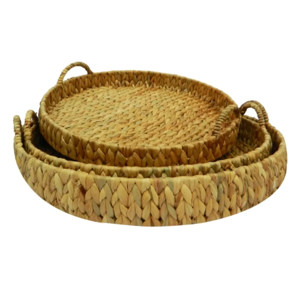 Round Water Hyacinth Serving Tray With Handle Handicraft