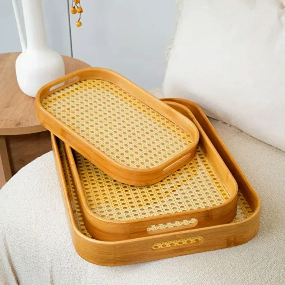 Stackable high-quality bamboo serving trays in neutral tones, ethically manufactured by EHM for bulk OEM orders.