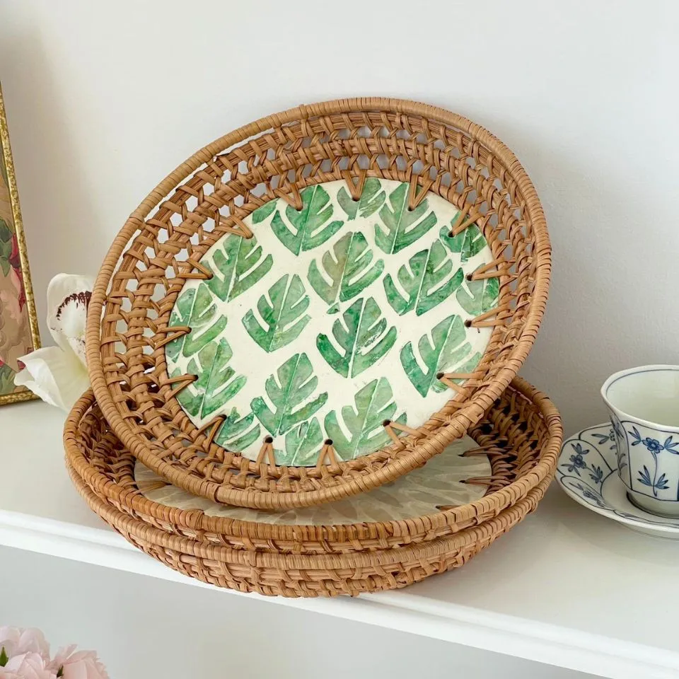 Rattan serving tray with Mother Of Pearl Inlay, handcrafted in Vietnam by EHM artisans.