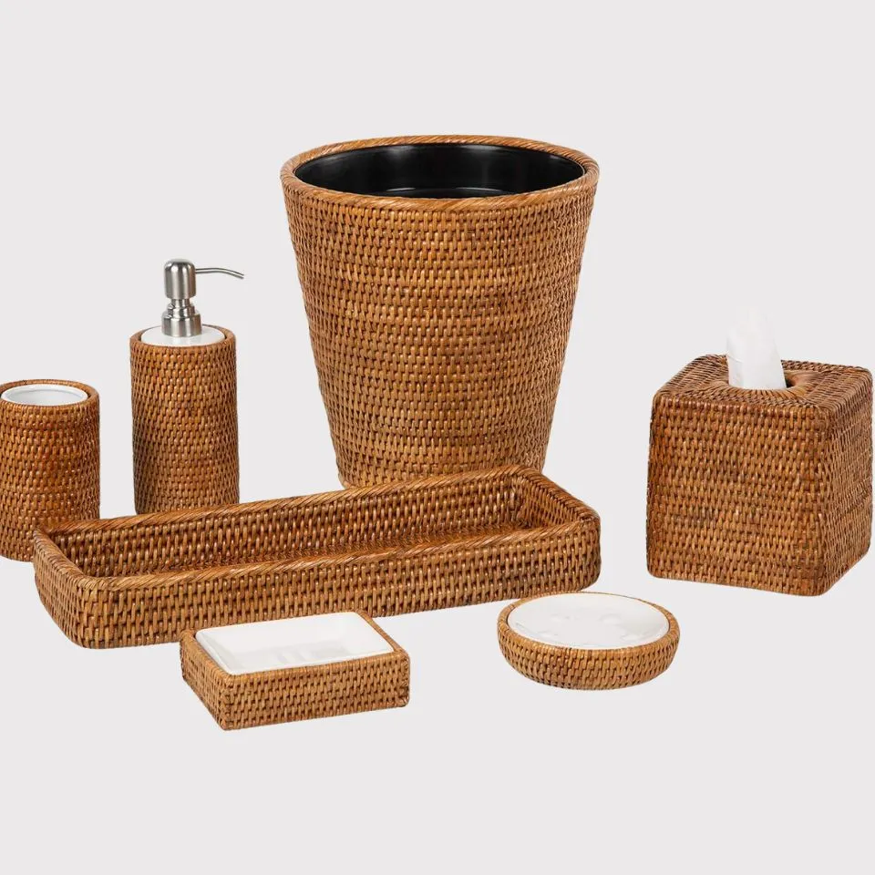 Complete 7-piece rattan bathroom accessory set: soap dish, dispenser, tumbler, tray, tissue box, trash bin – EHM luxury collection