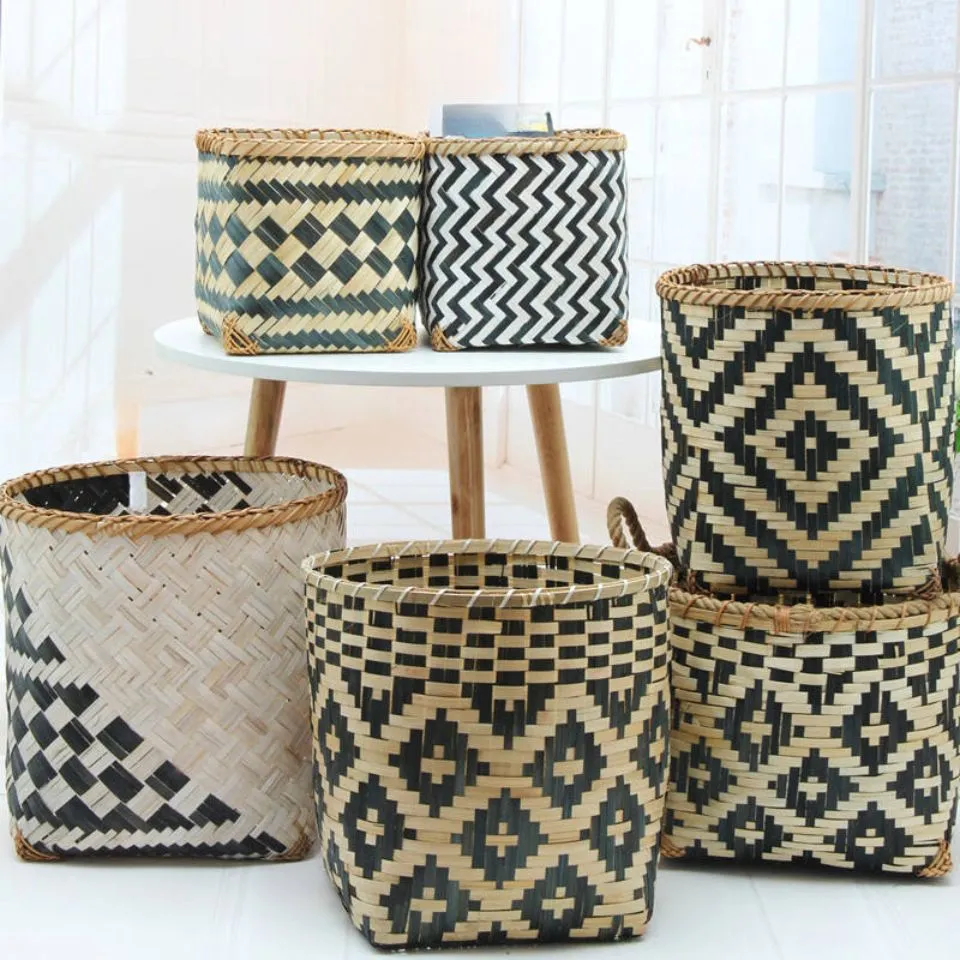 Natural bamboo storage baskets with geometric patterns handmade by EHM – custom wholesale storage basket manufacturing in Vietnam.