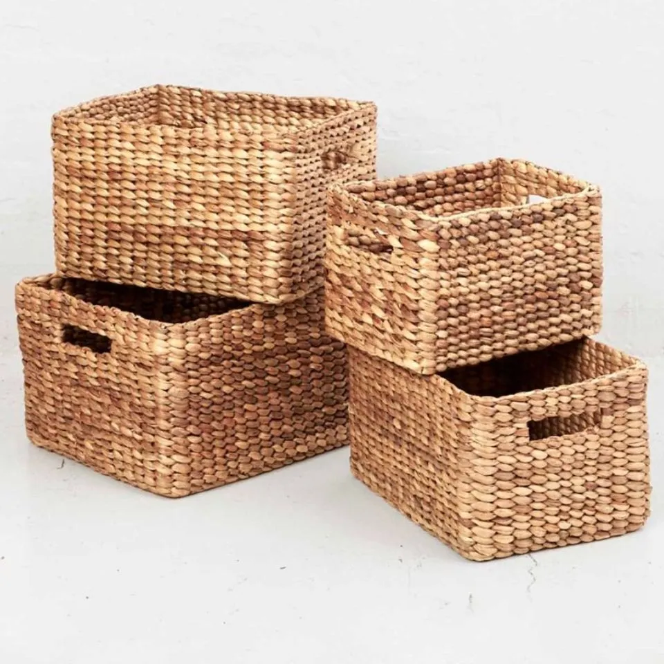 Water hyacinth storage baskets with handles – rustic woven by EHM Vietnam handicraft manufacturer.