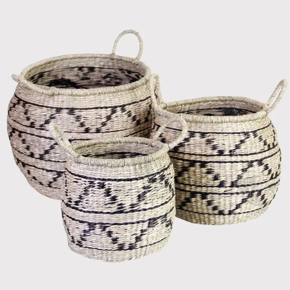 Set of 3 boho seagrass storage baskets with black geometric patterns and handles