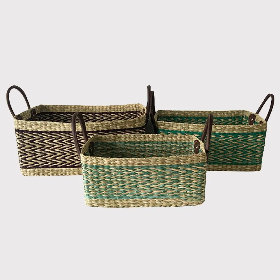 Colorful rectangular seagrass storage baskets with leather handles