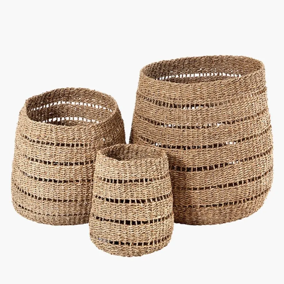 Seagrass storage baskets in tapered design with open weave – EHM sustainable handicraft manufacturer.