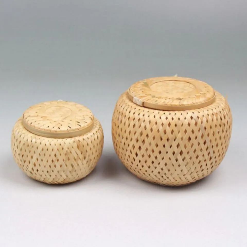 Two sizes of cylindrical bamboo storage boxes with ventilated weave – EHM handicraft manufacturer
