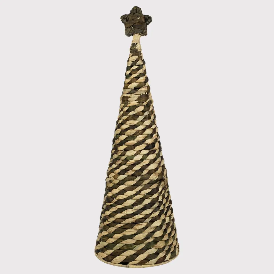 Handwoven water hyacinth Christmas tree table decor with natural two-tone braid pattern and star topper – sustainable handmade holiday centerpiece by EHM