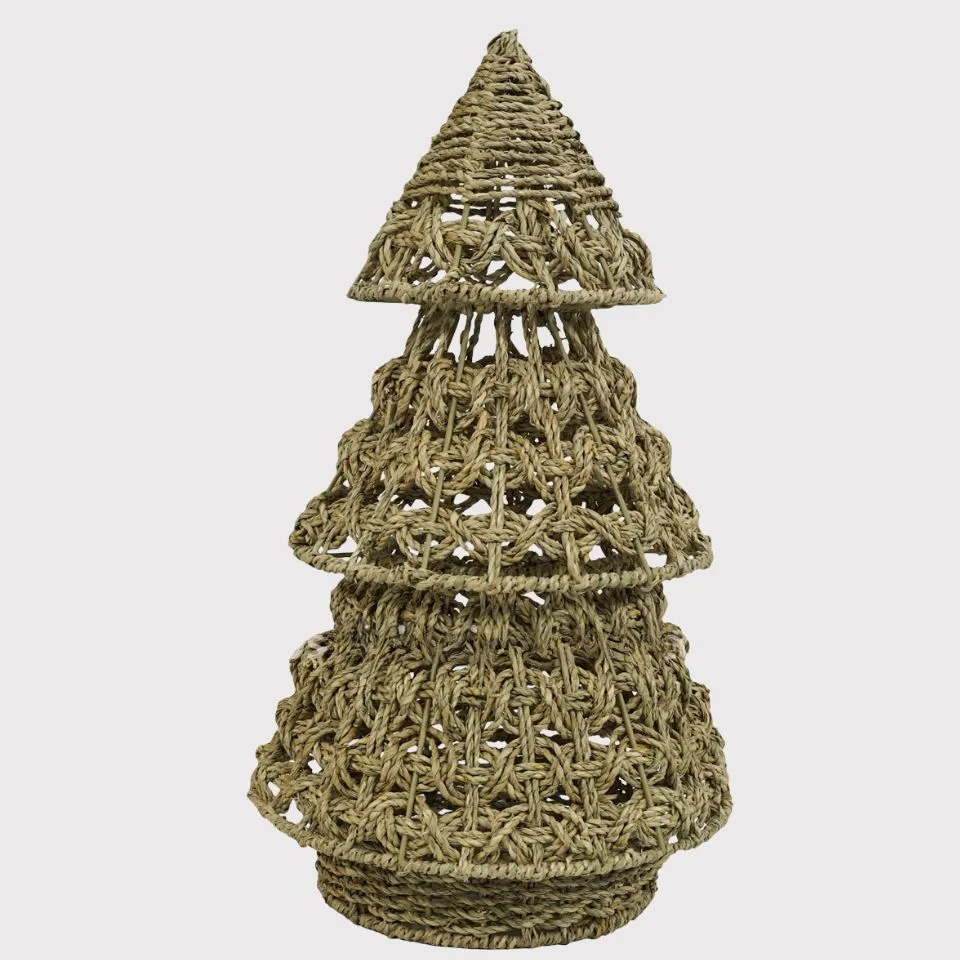 Handwoven seagrass tiered Christmas tree table centerpiece with open lattice design – eco-friendly holiday table decor manufacturer