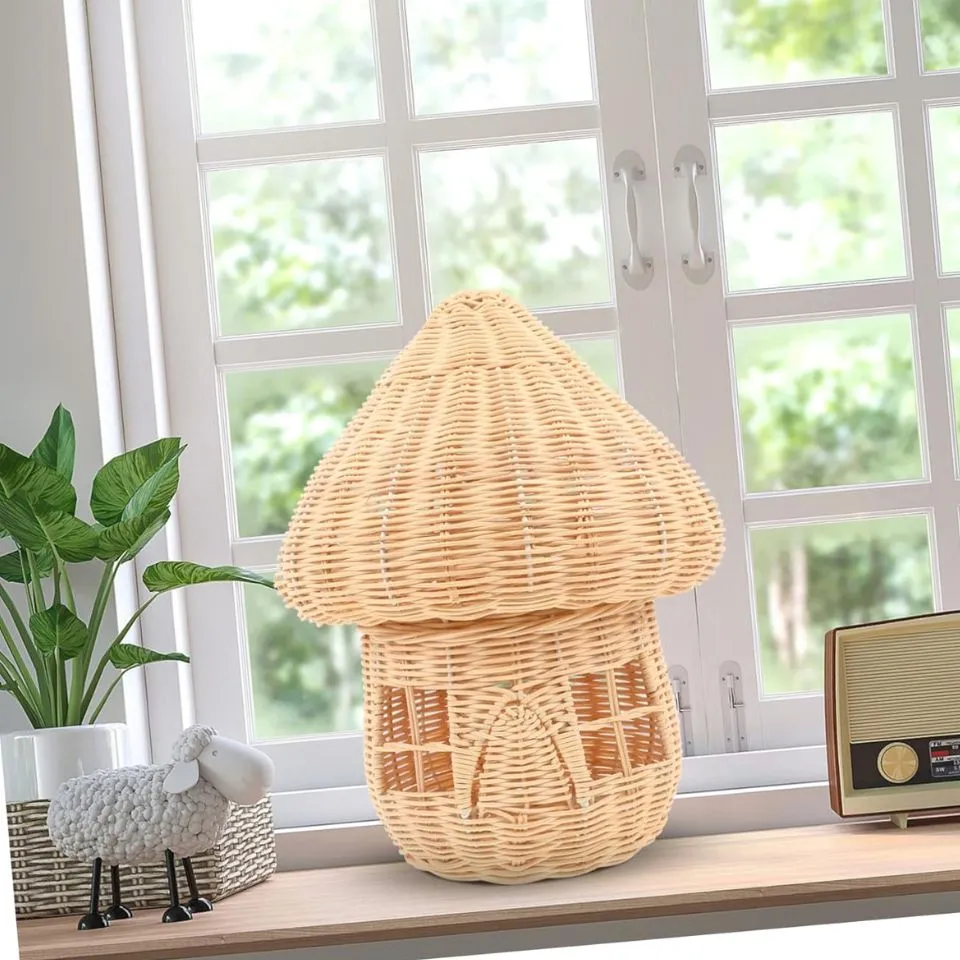 Adorable handwoven rattan mushroom fairy house table decor with tiny windows and door – whimsical kids and home accent manufacturer