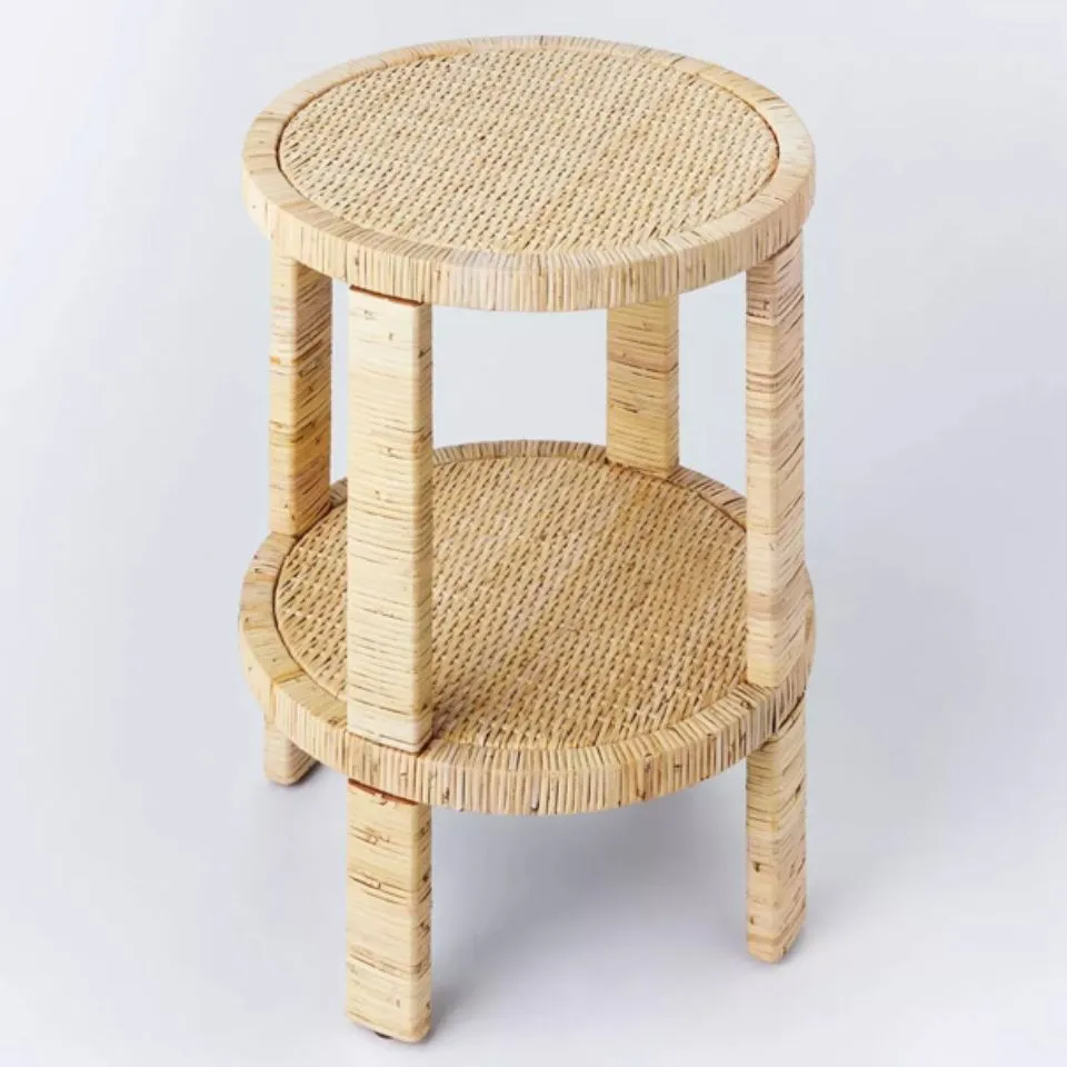 Two-tier natural rattan side table with woven shelves – custom Table manufacturing for hospitality brands