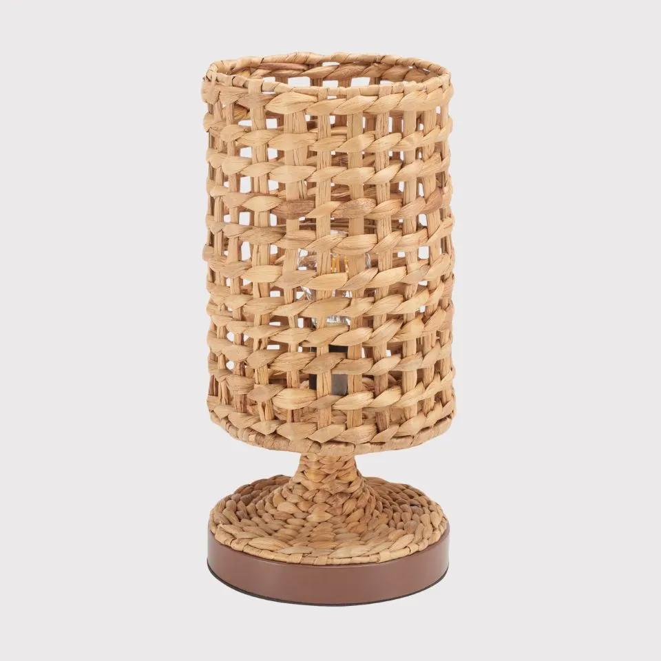 Custom water hyacinth woven table lamp with cylindrical design – handmade by EHM for premium table lamp manufacturing.