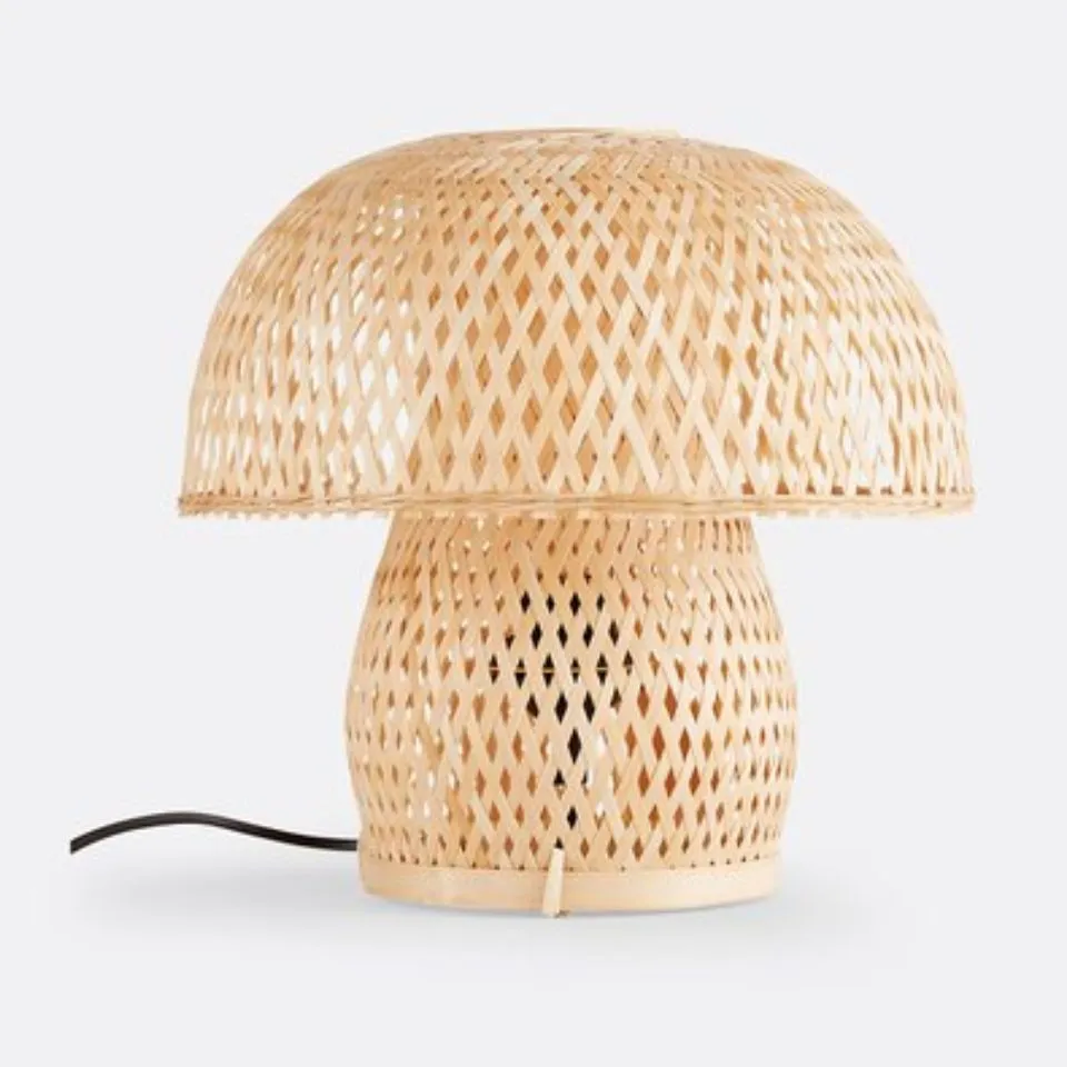 Mushroom-shaped rattan table lamp in natural finish – custom table lamp manufacturing service by EHM.