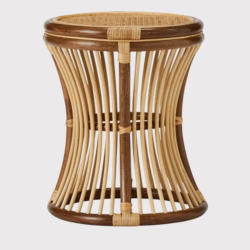 Hourglass-shaped rattan stool with dark wood rim and vertical weave – bespoke furniture manufacturing by EHM