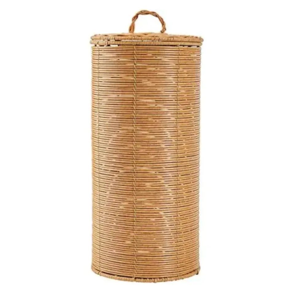 Tall Handwoven Rattan Toilet Roll Holder With Lid Hight Quality