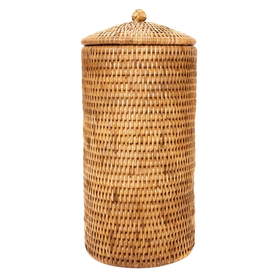 Tall Handwoven Rattan Toilet Roll Holder With Lid Private Label