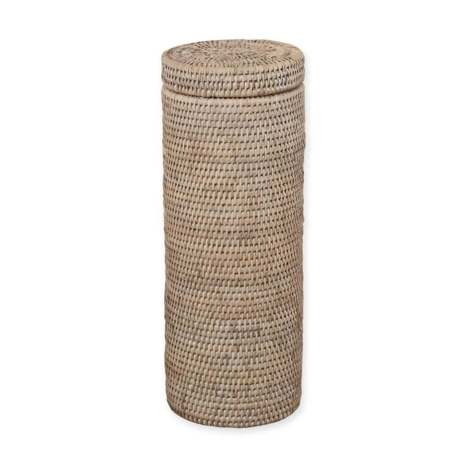 Tall Handwoven Rattan Toilet Roll Holder With Lid Custom