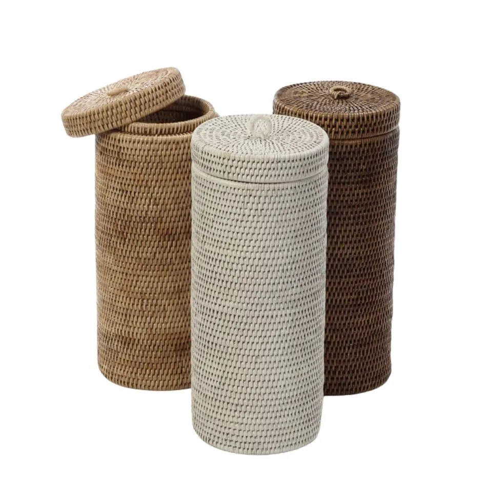 Tall Handwoven Rattan Toilet Roll Holder With Lid Short Lead Time