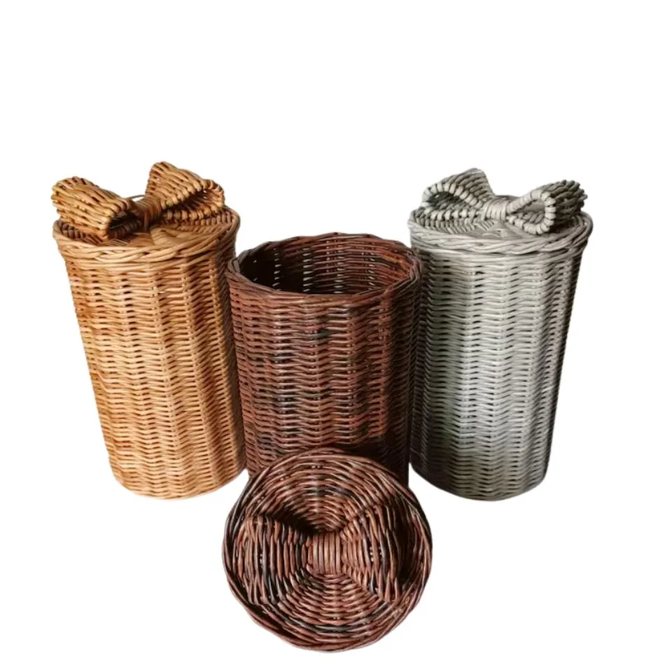 Tall Handwoven Rattan Toilet Roll Holder With Lid Handicraft