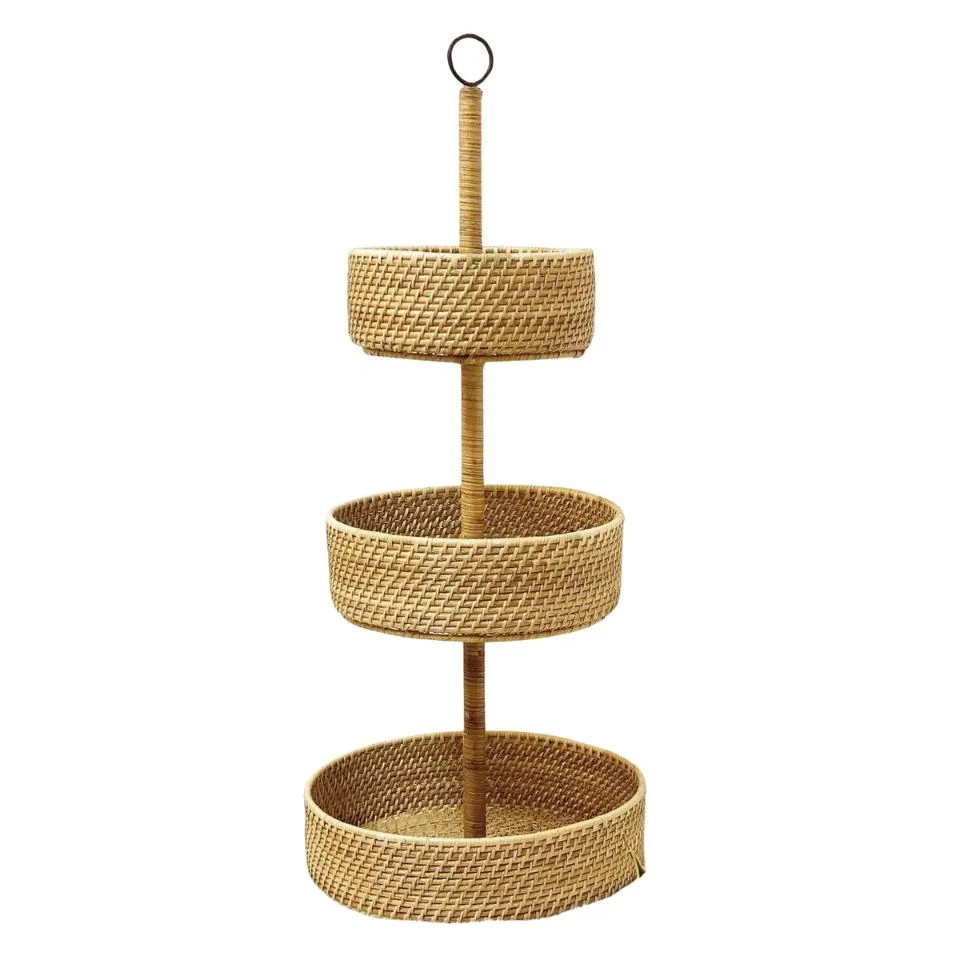 Eco-friendly 3-tier handwoven rattan tray by EHM, showcasing sustainable tiered tray handicraft manufacturing.