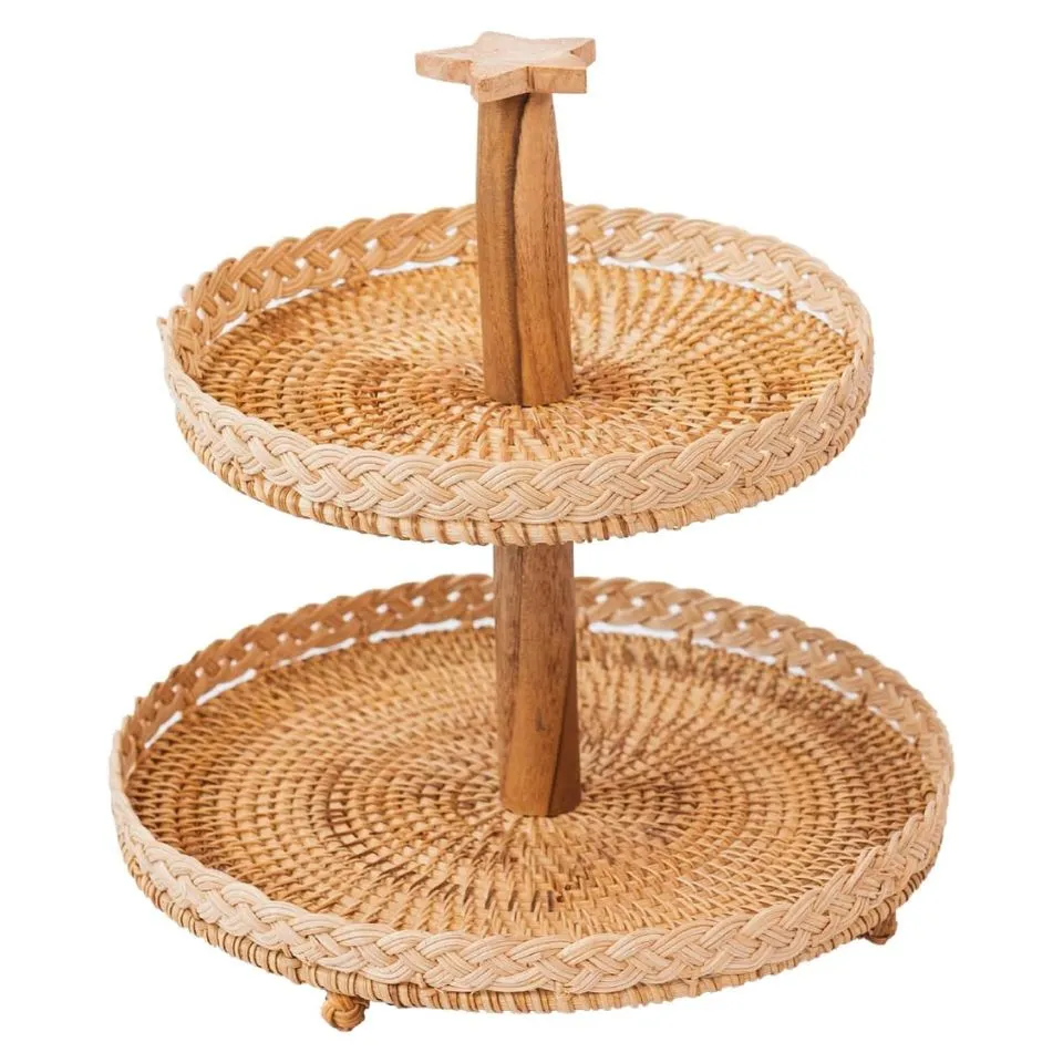 Professional view of EHM’s handwoven 2-tier rattan tray in production, representing trusted tiered tray manufacturing.