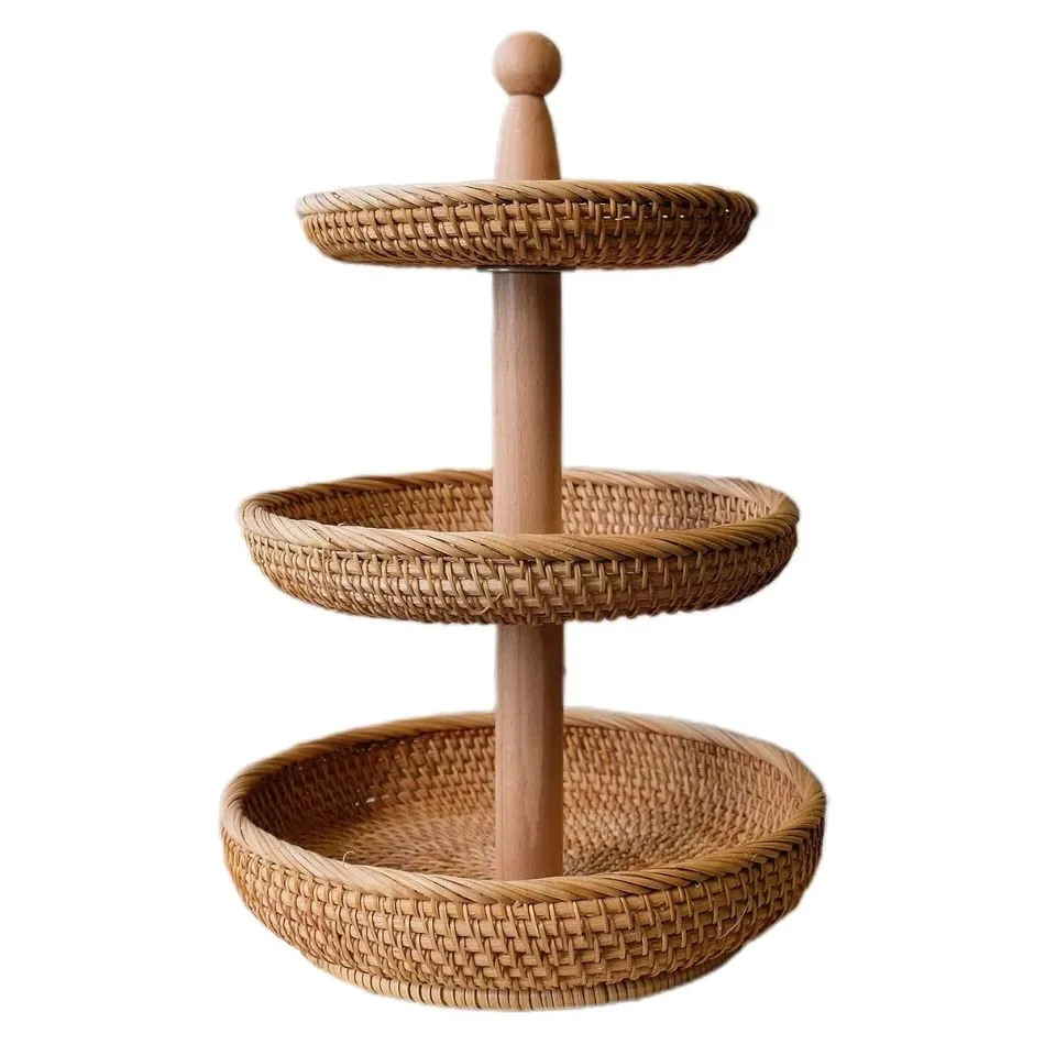 Traditional Vietnamese 3-tier rattan tray handcrafted by EHM artisans using heritage weaving techniques.