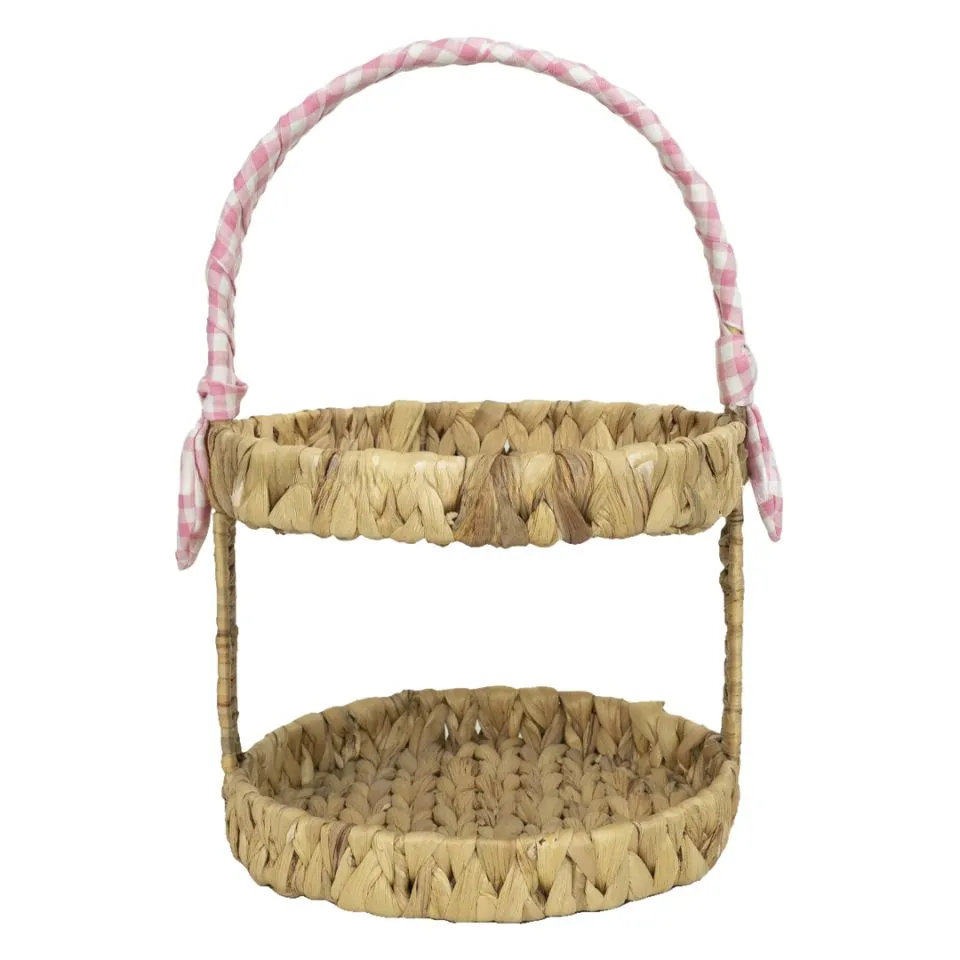 Compact 2-tier water hyacinth tray with handle, ideal for wholesalers seeking customizable handwoven tiered trays.