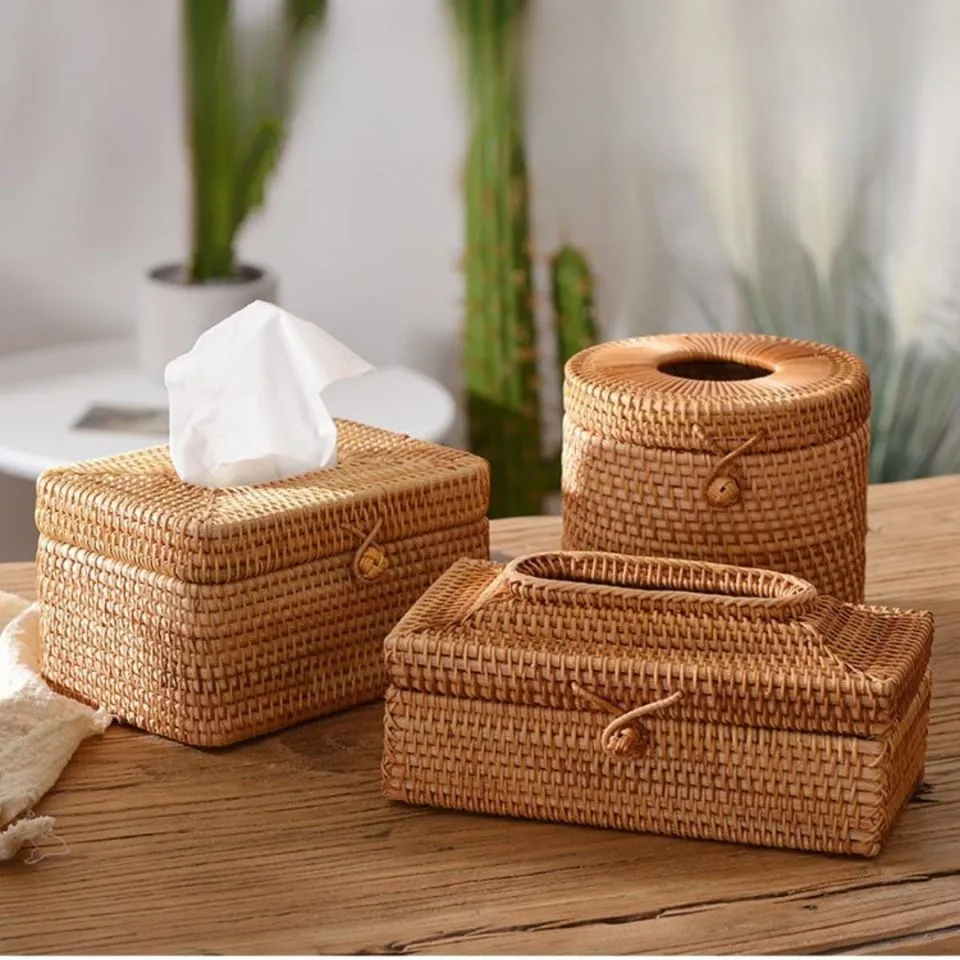 Set of rattan Tissue Napkin Boxes, luxurious handcrafted design, custom manufacturing