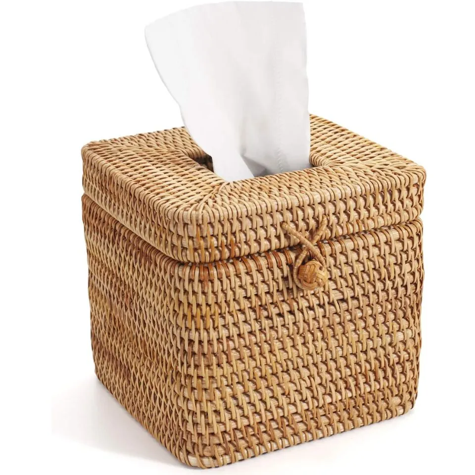 Square Tissue Napkin Box made of natural rattan and bamboo with an open lid, eco-friendly tissue holder, mass production available