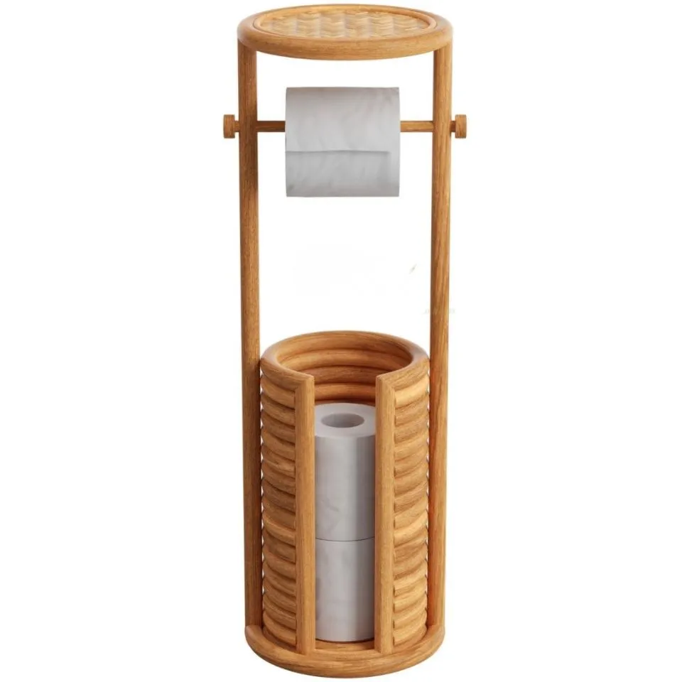Rattan toilet roll holder, handcrafted for sustainable bathroom organization.