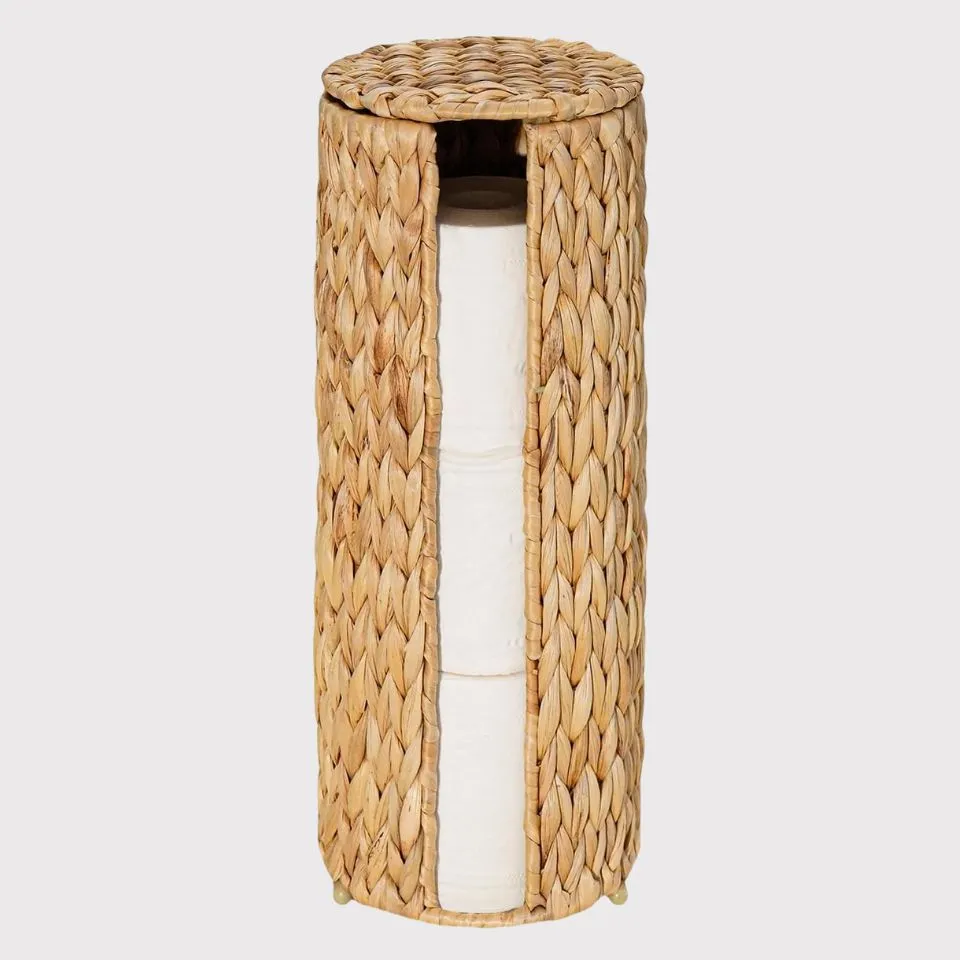 Tall water hyacinth toilet roll holder tower with braided texture, front slit opening