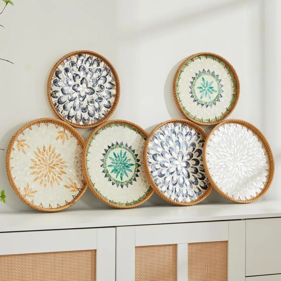 Luxury rattan trays with hand-laid mother-of-pearl inlay floral patterns– high-end decorative tray manufacturing
