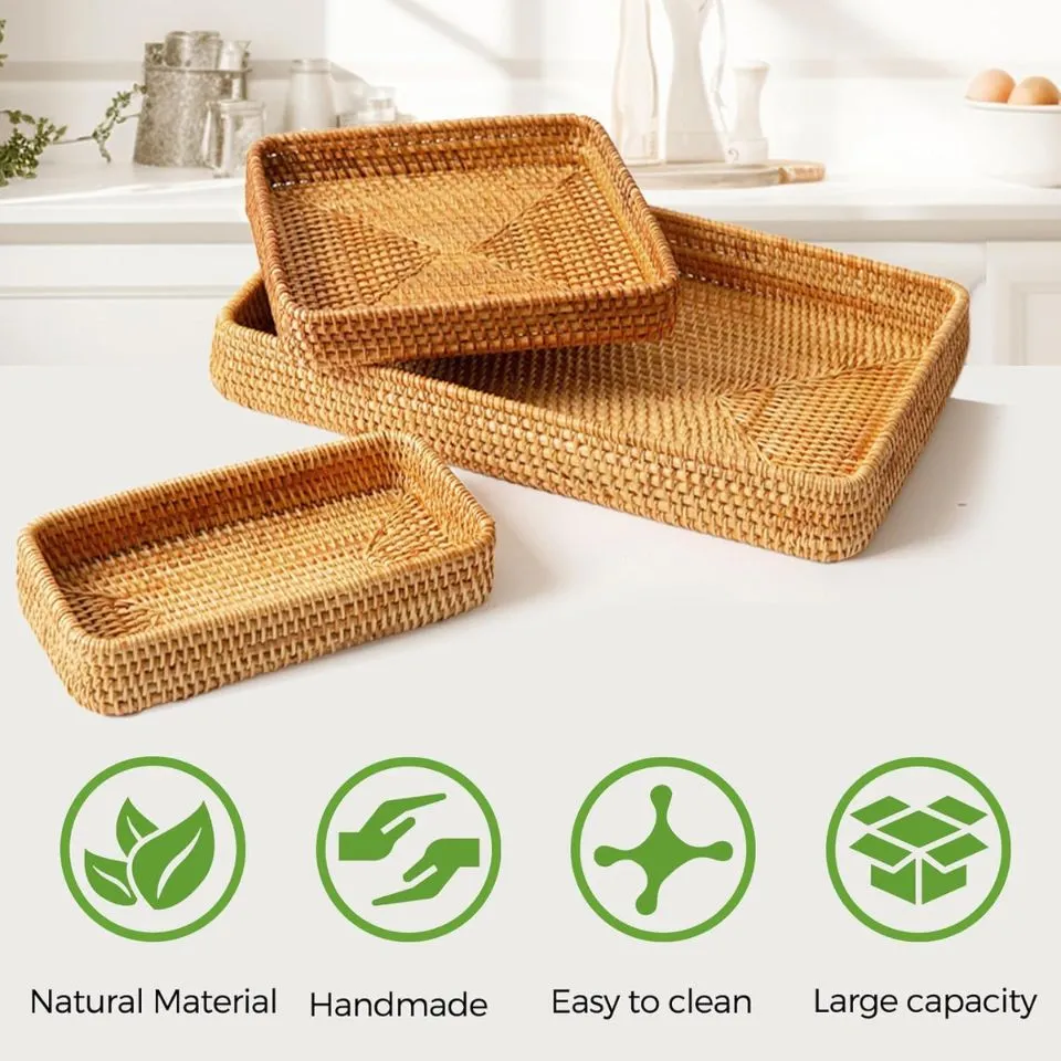 Stackable handwoven rattan trays in multiple sizes, tight hexagonal weave pattern, natural finish – professional rattan tray manufacturing