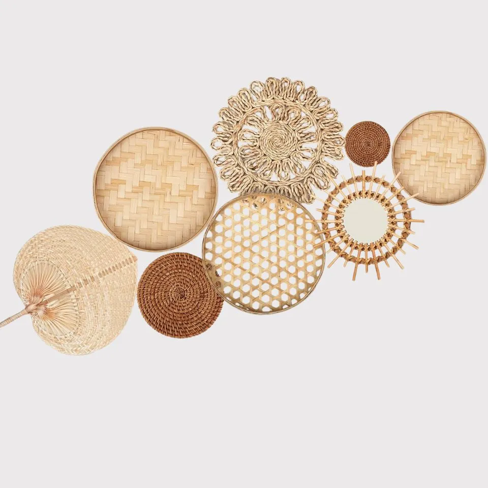 Set handwoven rattan and water hyacinth wall decor in natural tones, wall decor arrangement, Vietnamese craftsmanship