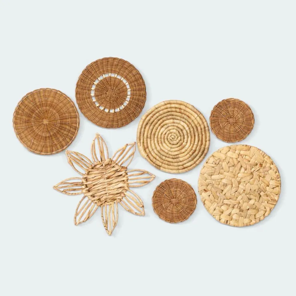 Set natural rattan and seagrass wall decor with sunflower accent, handmade boho wall decor Vietnam